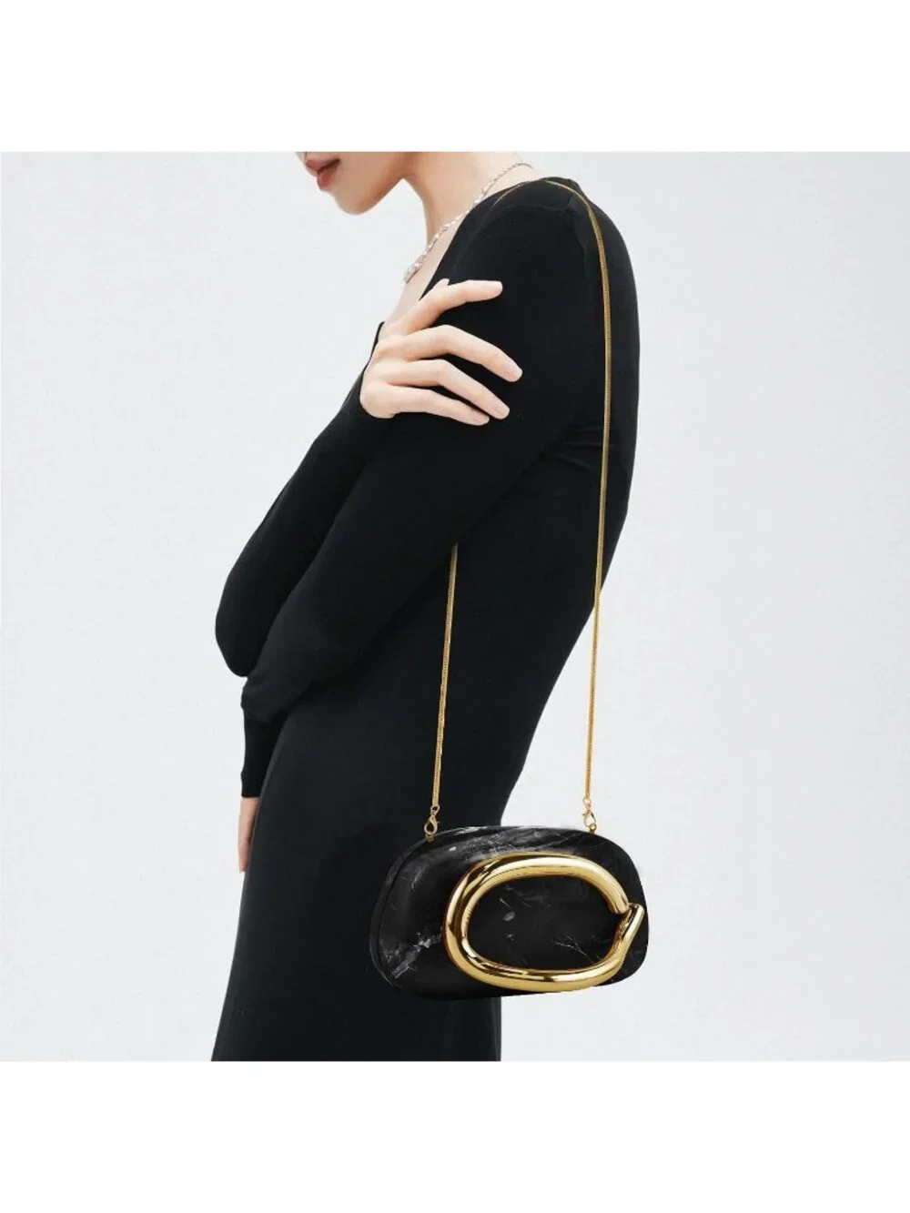 Women’s Marble Black Acrylic Shell Clutch Purse Gold Chain Evening Handbag